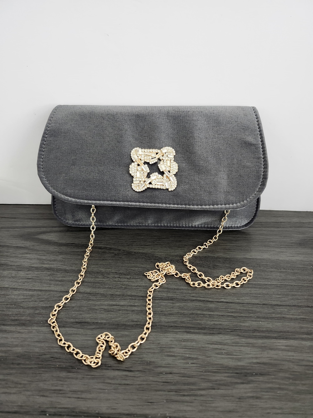 Grey Velvet Evening Crossbody Bag with Gold Chain